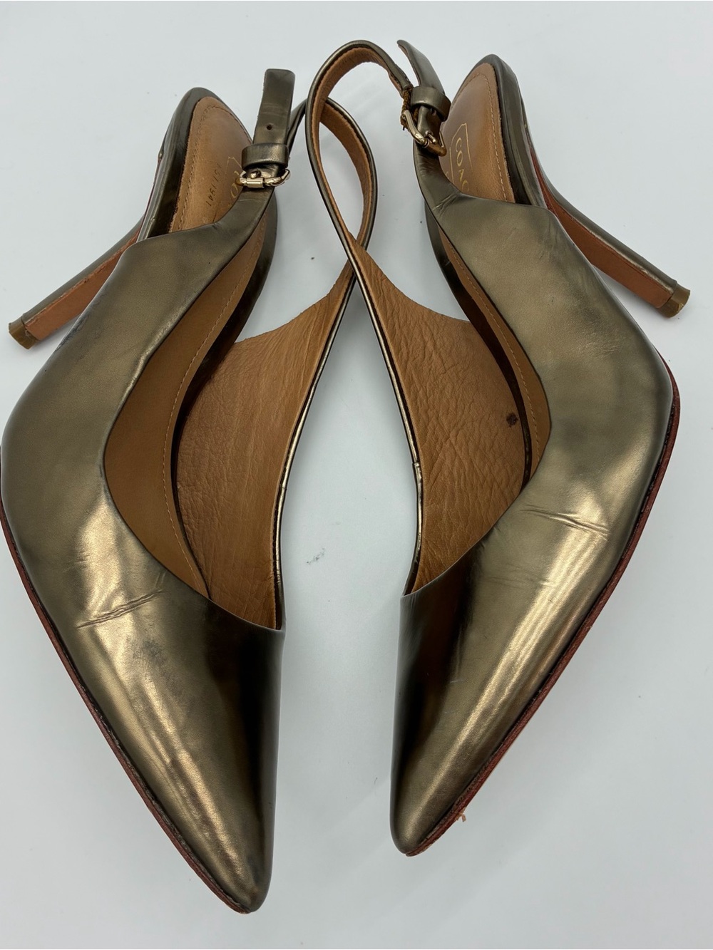 Coach Metallic Bronze Leather Pointed Toe Slingback Heels 7B